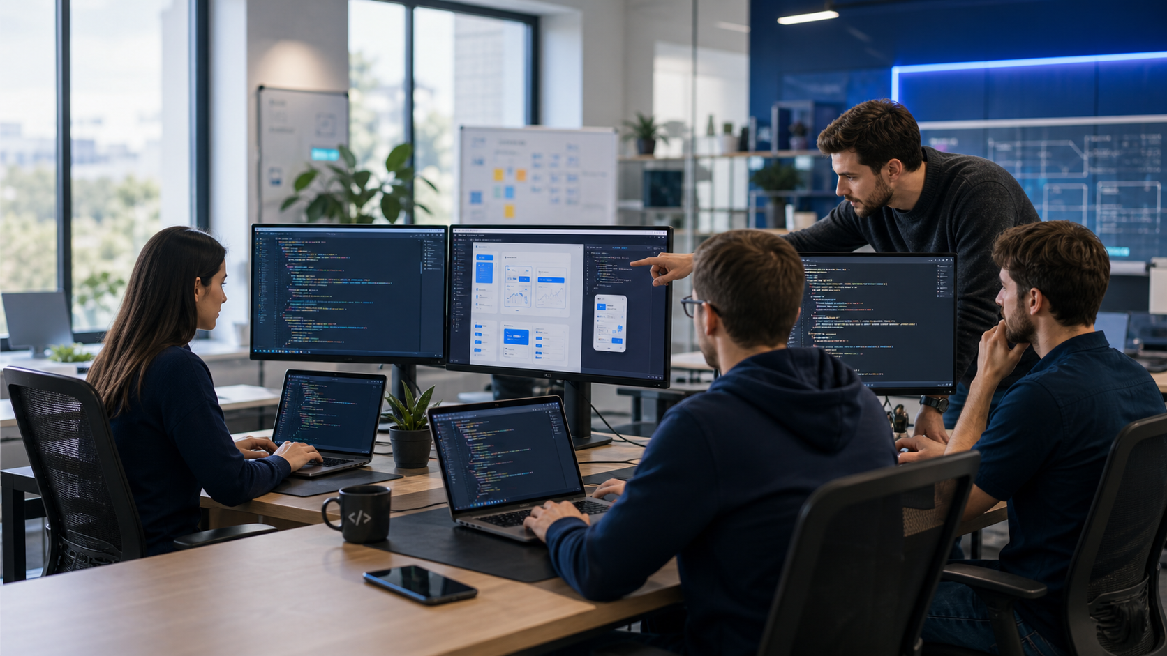 Software developers collaborating in a modern workspace